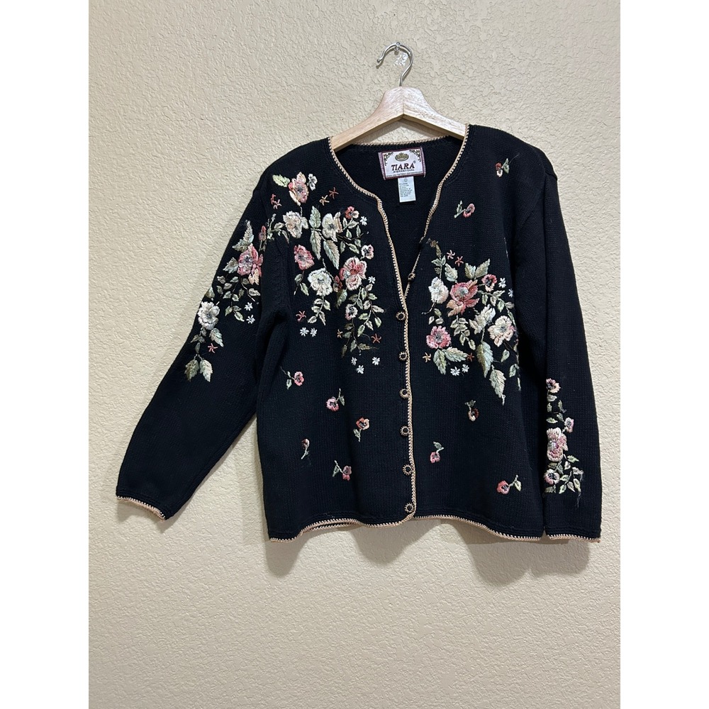 Tiara M Vintage Floral Embroidered Cardigan Black Grandma pink rose Whimsigoth